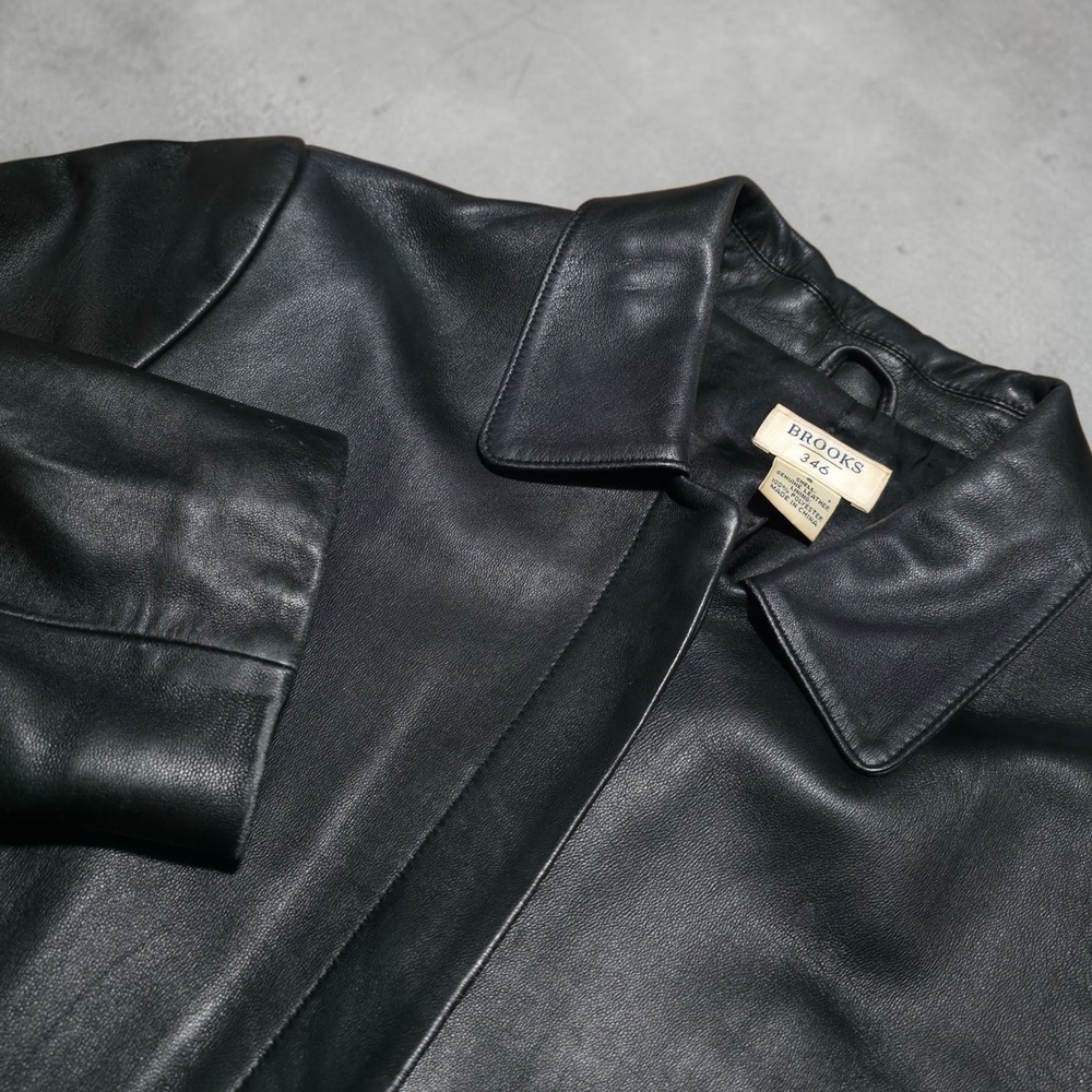 Vintage Brooks 346 Womens Black Leather Coat Jacket Size Small Solid Coat